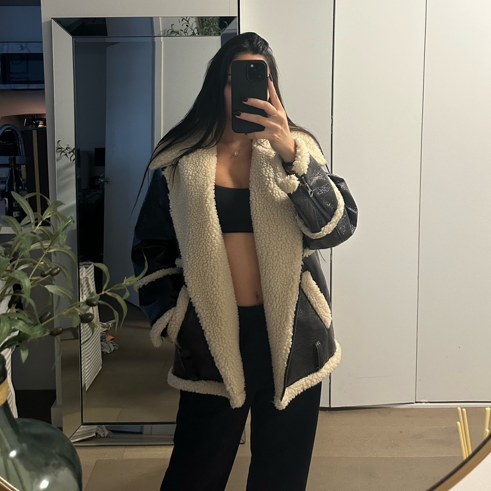 Monki Faux Leather Sherling Coat